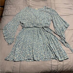 Floral Blue Dress with Tie Belt - Size 2X